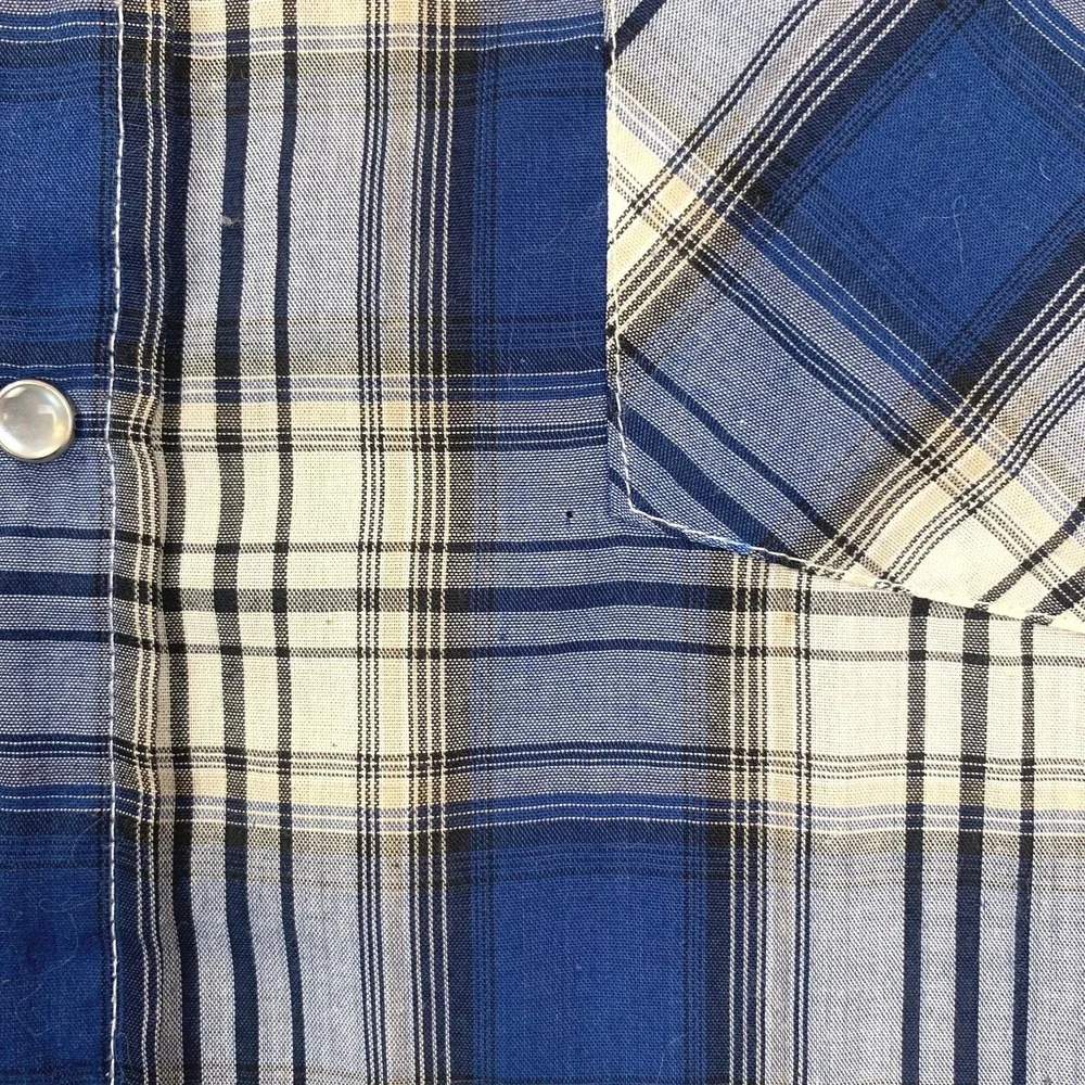Plains Western Wear Shirt Mens M Blue‎ Plaid Pearl Snap Short Sleeve Yoke